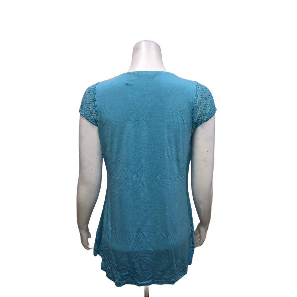 H by Halston Short Sleeve Knit Top with Lace Detail Surf Blue XX-Small Size - Picture 2 of 2